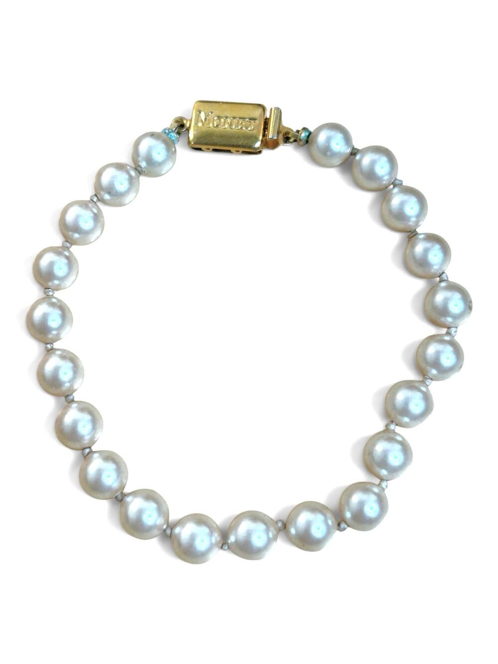 Vintage Monet Faux Pearl Bracelet Single Strand Knotted White Gold Tone Box
